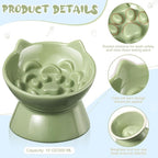 Funnymoom 2 Pcs Ceramic Raised Slow Feeder Cat Bowl, 5.91inch Elevated Cat Slow Feeder Bowl Tilted Anti Vomiting for Dry Wet Food and Water Easy to Clean High Edge(Green, Blue)