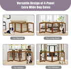 LZRS 4-Panel Freestanding Wooden Dog Gate—Extra Wide 30” Tall Foldable Pet Barrier with Support Feet, Solid Hardwood & Steel Wire Safety Gate for Doorways, Hallways, and Stairs, Cherry