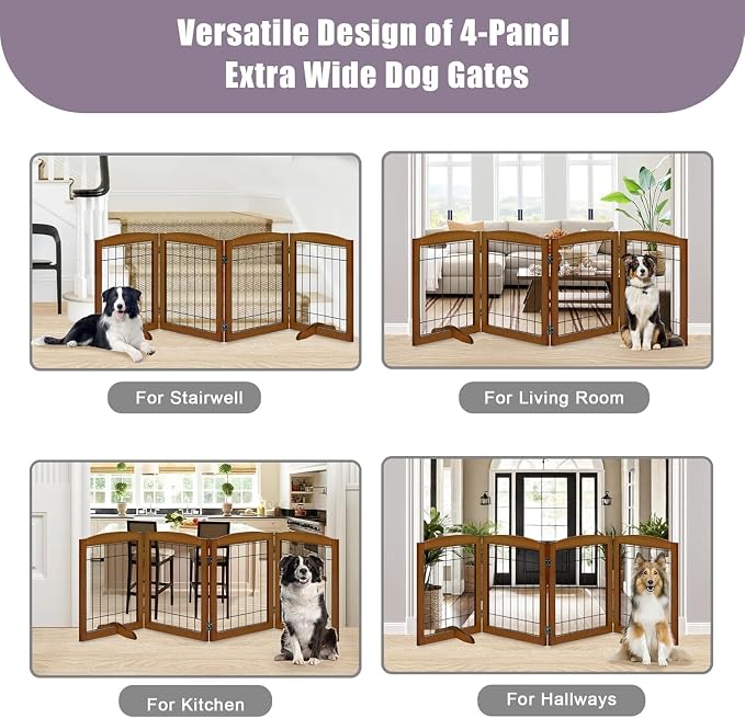LZRS 4-Panel Freestanding Wooden Dog Gate—Extra Wide 30” Tall Foldable Pet Barrier with Support Feet, Solid Hardwood & Steel Wire Safety Gate for Doorways, Hallways, and Stairs, Cherry