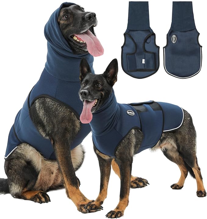 Meifsou Dog Anxiety Vest with Hood, Skin-Friendly Thunder Jacket for Dogs, All-in-One Dog Calming Shirt with Hood for Thunder, Fireworks, Separation - Keep Pet Calm Without Medicine, Dark Blue, 3XL