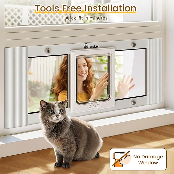 Adjustable Cat Door for Window, 23"-28" Quick Install | 4 Locking Modes Keeps Pets in/Out, Window Insert Design, Magnetic Closure, Weatherproof Aluminum Frame, Durable & Safe