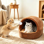 Cat Bed Cave with Pillow & Cat Toys, Cozy Cat Beds for Indoor Cats | 15.7in,Up to 10 lbs, Dual-Sided Cushion, Reversible Comfort for All Seasons, Semi-Enclosed Design, Machine Washable, Brown