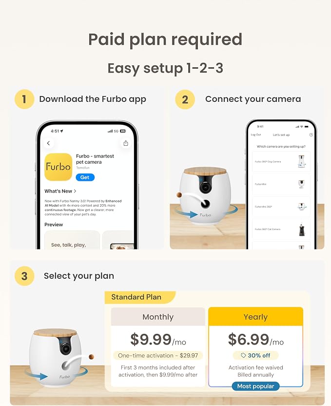 Furbo Mini 360° Pet Camera [Paid Plan Required to Activate] | Stay connected with AI Pet & Home Safety Alerts, 2K QHD View, Auto-Tracking, Video History, 2-Way Audio, Paid Plan Required