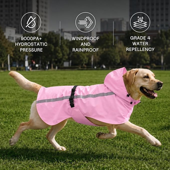 Stretch Fabric Dog Raincoat with Hood, Reflective Rain Poncho for Medium Large Dogs, Adjustable Waterproof Dog Rain Jacket with Leash Opening, Pink, Large