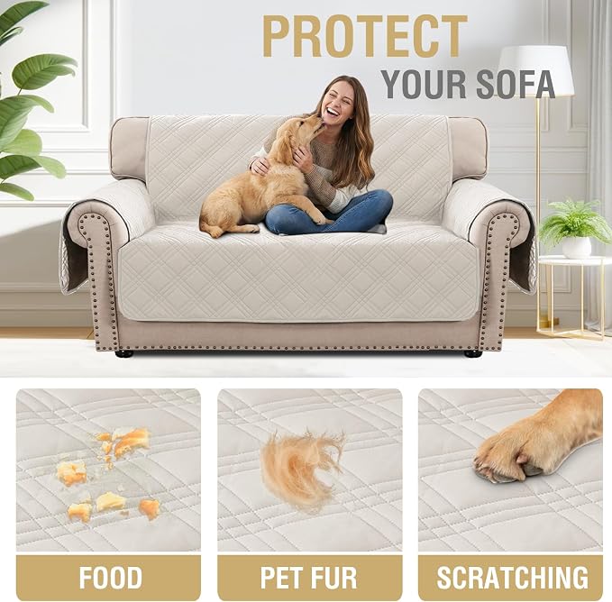 H.VERSAILTEX 100% Waterproof Couch Cover 2 Cushion Sofa Modern Sofa Covers Waterproof and Washable Thick Soft Couch Cover for Dogs with Elastic Straps (Loveseat, French Oak/Beige)