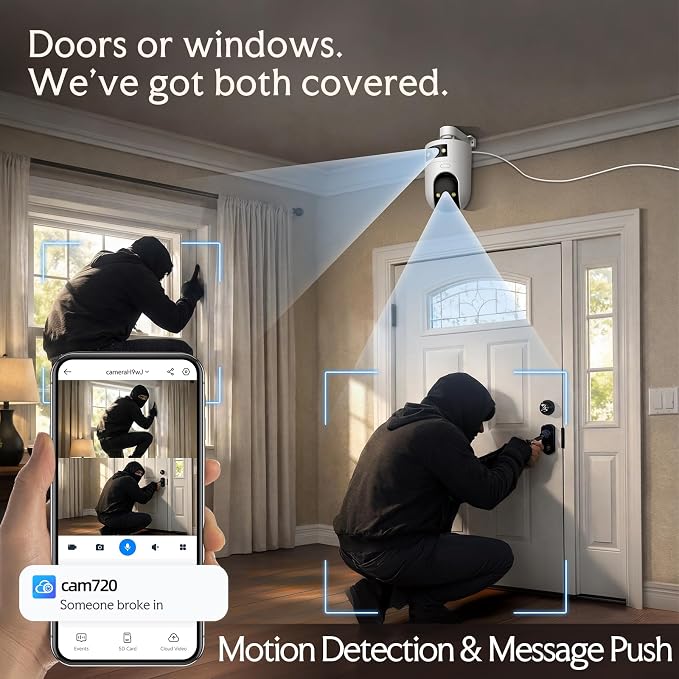 JOOAN 2K Dual Lens Indoor Outdoor Security Camera, 5GHz/2.4GHz WiFi, PTZ Auto Tracking, Motion Detection, 2-Way Audio, IP66 Waterproof, for Baby/Dog/Cat/Elderly, Multi-User Shared