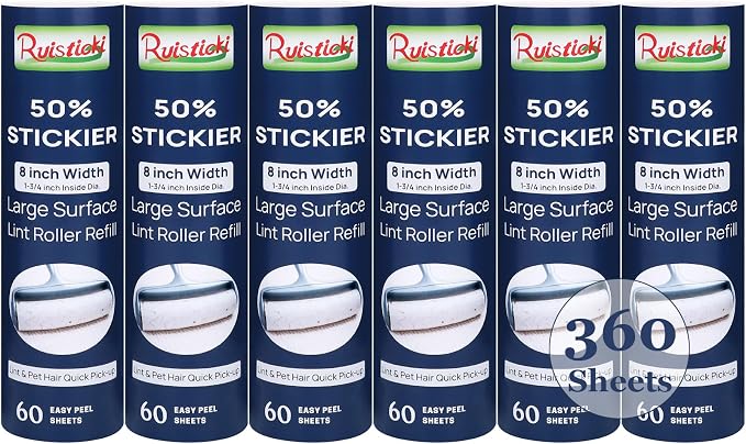 50% Stickier Large Surface Lint Roller Refill for Scotch-Brite Pet Hair Pickup Extra Sticky Large Lint Roller 8 inch Replacement Refills 6 Rolls, 60 Sheets per Refill, 360 Sheets Total