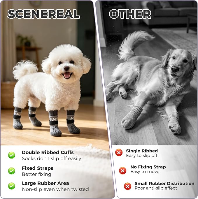 SCENEREAL Anti Slip Dog Socks to Prevent Licking Paws for Hot/Cold Pavement, Paw Protector Traction Control on Hardwood Floor, Dog Shoes Booties for Puppy Small Medium Large Senior Dogs, Grey XS