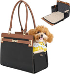 2-in-1 Stylish Dog Purse Carrier Soft-Sided Carriers Travel Tote Bag for Small Dogs Cats, Fashion Foldable Pet Bag for Puppies Small Animals with Pockets (Black+Brown, 15" L x 7.5" W x 12.2" H)
