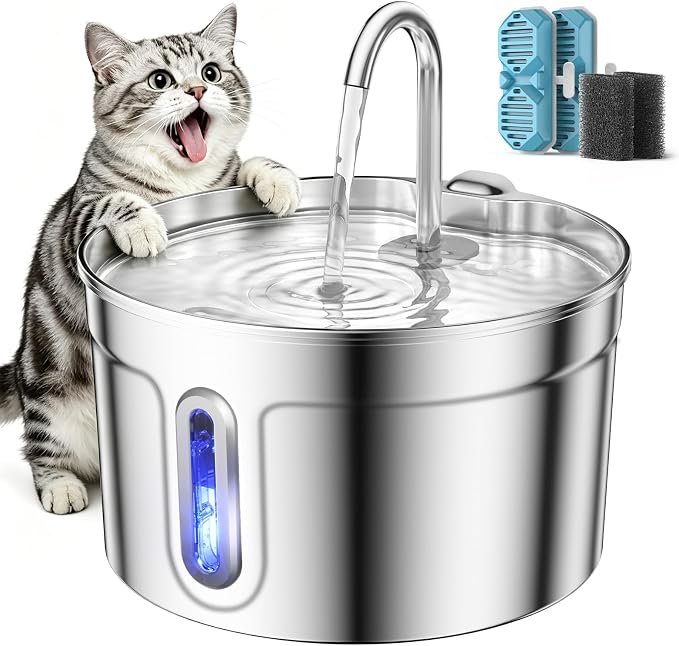 Stainless Steel Cat Water Fountain - 74oz/2.2L Ultra-Silent | 2 Filters Included, Visible Water Level, Dishwasher Safe, for Indoor Cats & Small Dogs