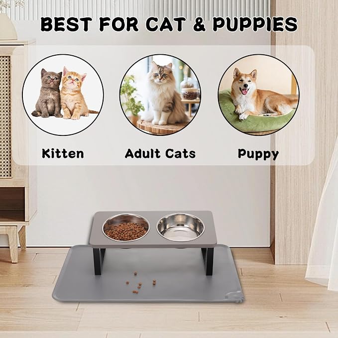Summark Upgraded Elevated Cat Bowls with Food Mat,15°Tilted Stand Anti Vomiting Raised Cat Dishes for Food and Water,2 Stainless Steel Bowls for Cats and Puppy（Gray）