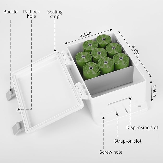Dog Poop Bag Dispenser,Wall-mounted Waterproof Pet Waste Bags Dispenser Holds Up to 8 Rolls of Waste bags，Outdoor Wall, Stake, Pole, Fence Mounted, Fits Home, Porch, Lawn, Yard (only dispenser)