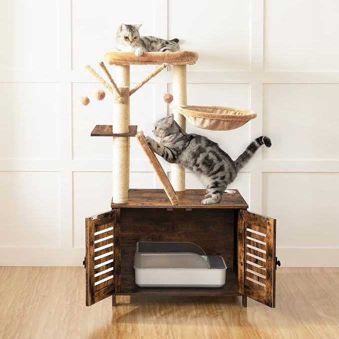 HOOBRO Cat Tree with Litter Box Enclosure, 44" Tall Wooden Cat Tower with Scratching Posts, Cat Hammock, Hidden Litter Box Furniture, All-in-One Indoor Cat Condo, Rustic Brown FG48MZ03