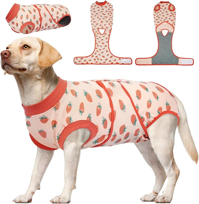 Kuoser Dog Recovery Suit for Female Male Dogs, Post-Surgery Bodysuit for Spay Neuter, Dog Onesie After Surgery, Anti-Licking Pet Surgical Recovery Suit, PinkStrawberry XXL
