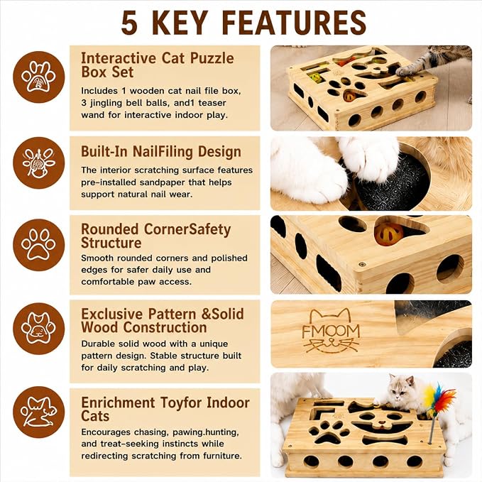 Interactive Cat Puzzle Toy, Wooden Enrichment Box for Indoor Cats | Keep indoor cats active, curious, and engaged with a wooden puzzle toy that encourages play and natural scratching.