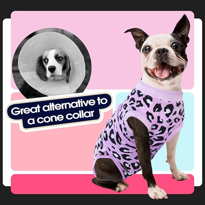 FUAMEY Dog Recovery Suit, Soft Surgical Suit for Dogs Onesie for Surgery | Cone Alternative after Surgery, Abdominal Wound Protector, Anti Lick Suit, Dog Onesie for Surgery Female Purple Leopard XL