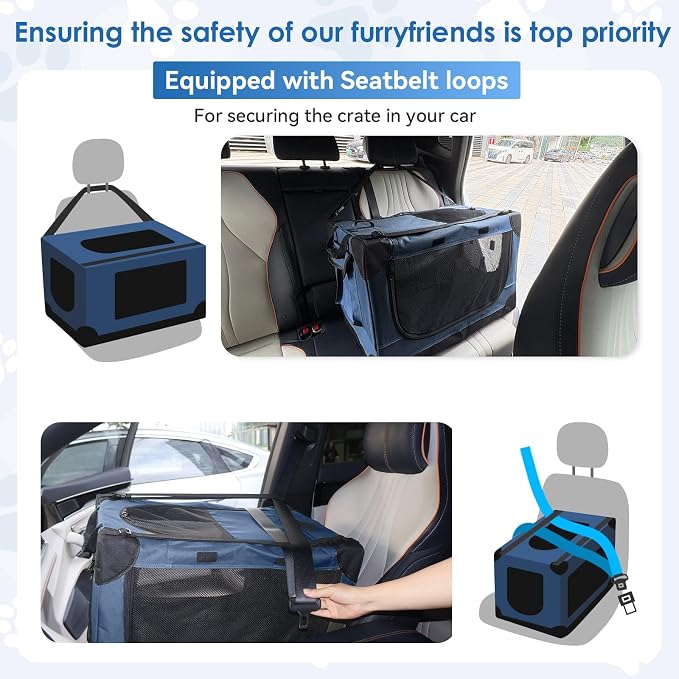 Soft Small Dog Crate - 24 inch Portable Travel Puppy Crate for Small Pets or 2 Cats, Collapsible Pet Carrier with 4 Mesh Doors, Car Kennel for Dogs with Handle for Indoor and Outdoor, Bule
