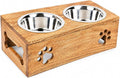 Wooden Dog Cat Pet Feeder Station Stand with 2 Stainless Steel Bowls | Raised Cat Bowl Dogs Bowl Elevated Cat Dog | Pet Dining Table for Cats and Puppy | 16 x 8.5 x 5 Inches