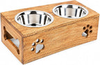 Wooden Dog Cat Pet Feeder Station Stand with 2 Stainless Steel Bowls | Raised Cat Bowl Dogs Bowl Elevated Cat Dog | Pet Dining Table for Cats and Puppy | 16 x 8.5 x 5 Inches