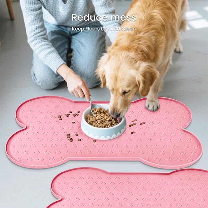 PWTAA Dog Food Mat Anti-Slip Silicone Dog Bowl Mat Thicker Pet Placemat Waterproof Cat Feeder Pad with Raised Edge Puppy Kitten Feeding Mats Suitable Small Medium-Sized Dogs Cats Eating Tray - 2PCS