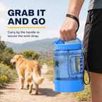 Portable Dog Water Bottle with Travel Bowl, 77 oz/2.2 L, Blue | 2-in-1 portable dog water bottle with pull-out bowl; BPA-free plastic, silicone seal, wide mouth and grip for hikes or travel