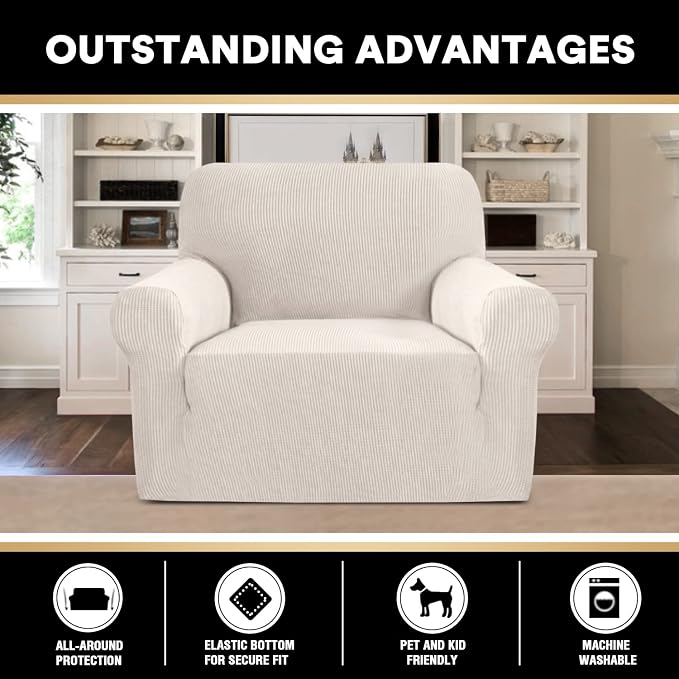 Stretch Chair Cover Chair Slipcovers with Arms 1-Piece Chair Sofa Slipcovers or Living Room Non Slip Armchair Cover Furniture Protector Dogs Pet Friendly(Armchair,Ivory)