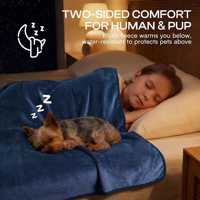 Luciphia Waterproof Pet Blanket, Washable Reversible Sherpa Fleece Throw | Liquid-proof furniture protector for bed and couch, soft reversible sherpa fleece for dogs, cats blue, S