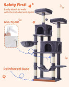 Taoqimiao Cat Tree, 66.2 in Tall Cat Tower with 2 Plush Cat Condos | 7 Scratching Posts, 2 Top Perches, Cozy Hammock & Basket, Indoor Cats, 2 Pompoms & Mouse Toy, Smoky Gray, MS013G