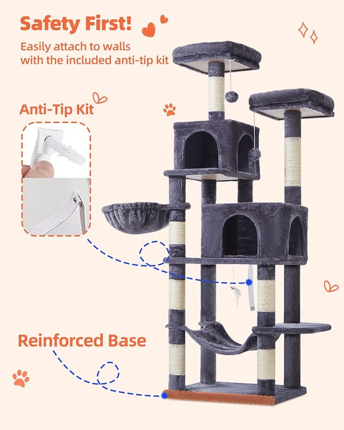 Taoqimiao Cat Tree, 66.2 in Tall Cat Tower with 2 Plush Cat Condos | 7 Scratching Posts, 2 Top Perches, Cozy Hammock & Basket, Indoor Cats, 2 Pompoms & Mouse Toy, Smoky Gray, MS013G