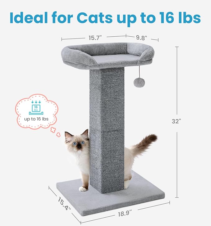 Made4Pets 32" Carpet Cat Scratching Post with Bed for Indoor Cats, Grey | Carpet Cat Scratcher, Raised Perch with Removable Washable Cover, Wide Base, Hanging Ball, Compact Indoor Design