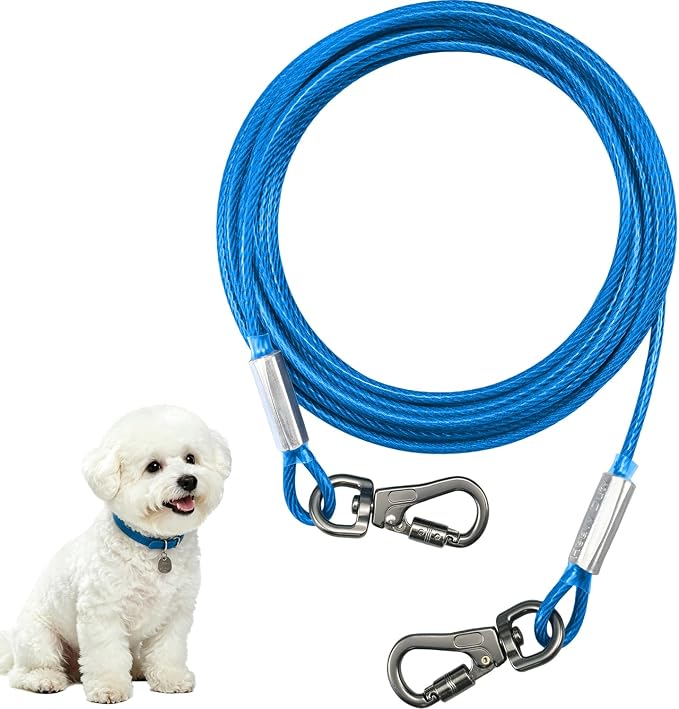 Dog Tie Out Cable - Chew Proof Steel Wire Lead - 360° Tangle Free Outdoor Leash for Pups - Dog Runner Cable for Small to Medium Dogs (Blue, 45lbs/10ft)