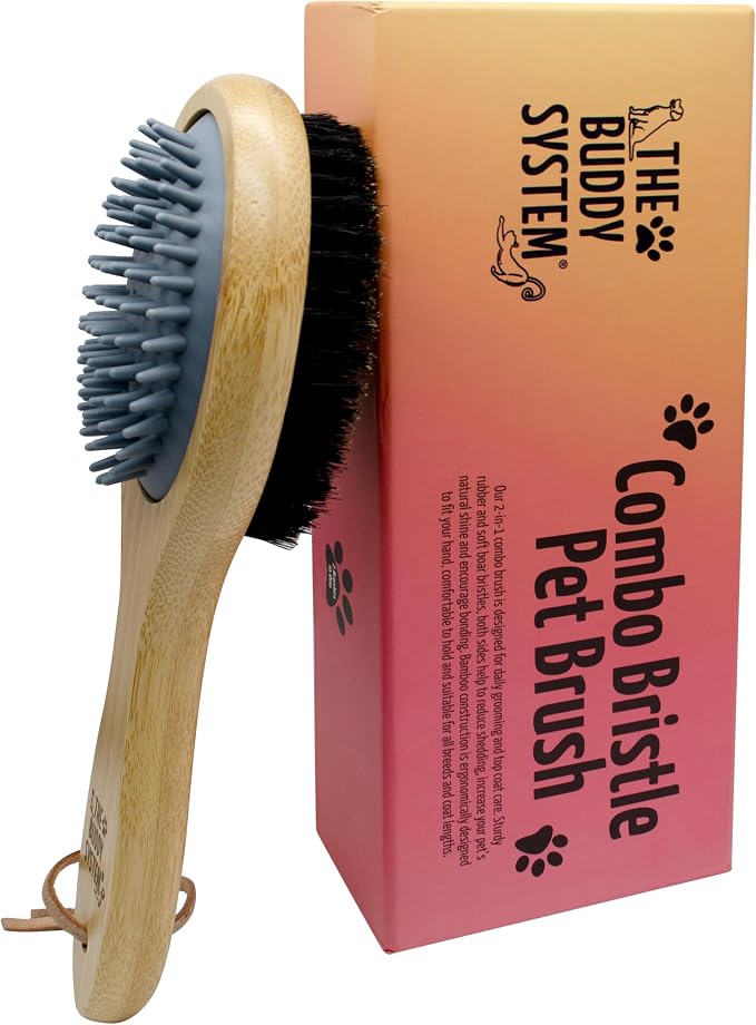 The Buddy System - Combo Bristle Pet Brush, 2-in-1 Brush | Dog & Cat grooming brush with 2 sides for dual capabilities.Durable rubber to losen hair and boar bristle to increase shine.