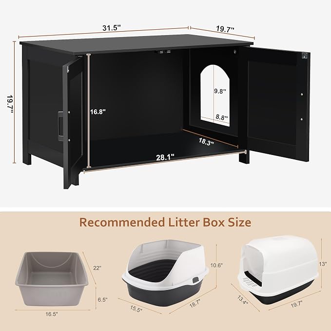 Homhedy 31.5" L Cat Litter Box Enclosure with Barn Door, Black | Wooden Cat Washroom Furniture, Cat House, Pet Storage Cabinet, Dog-Proof, Fit Most of Litter Box, Farmhouse Style