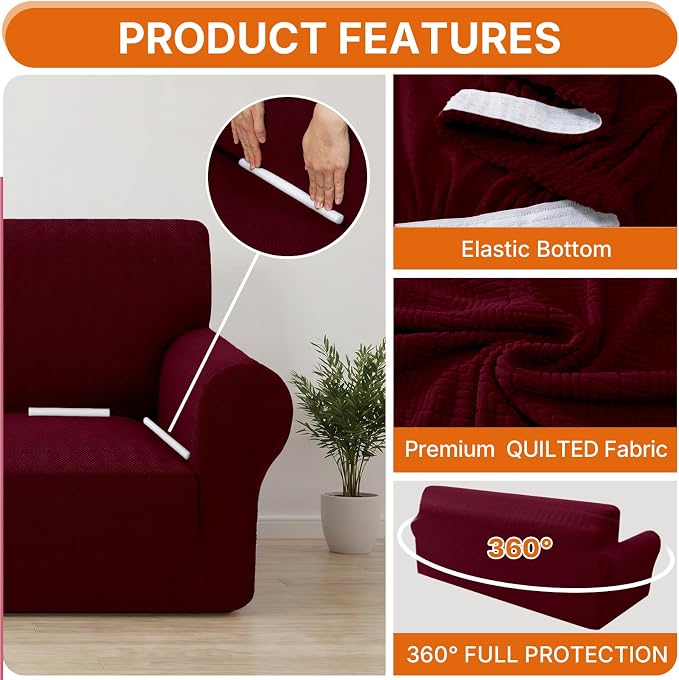XINEAGE Stretch 4 Seater Slipcover, Non-Slip Pet Couch Cover,Wine Red | Washable Furniture Protector, Elastic Bottom, Dogs & Cats Friendly, Scratch-resistant, Fast Setup, High Elasticity