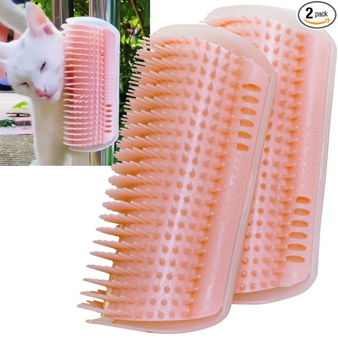 miwoowim 2 Pack 6.1" Extended Cat Self Groomer, Wall Corner Massage Brush | Mounts on walls/corners/legs with stickers or screws. Easy disassembly for cleaning. Catnip helps attract.Massage Comb