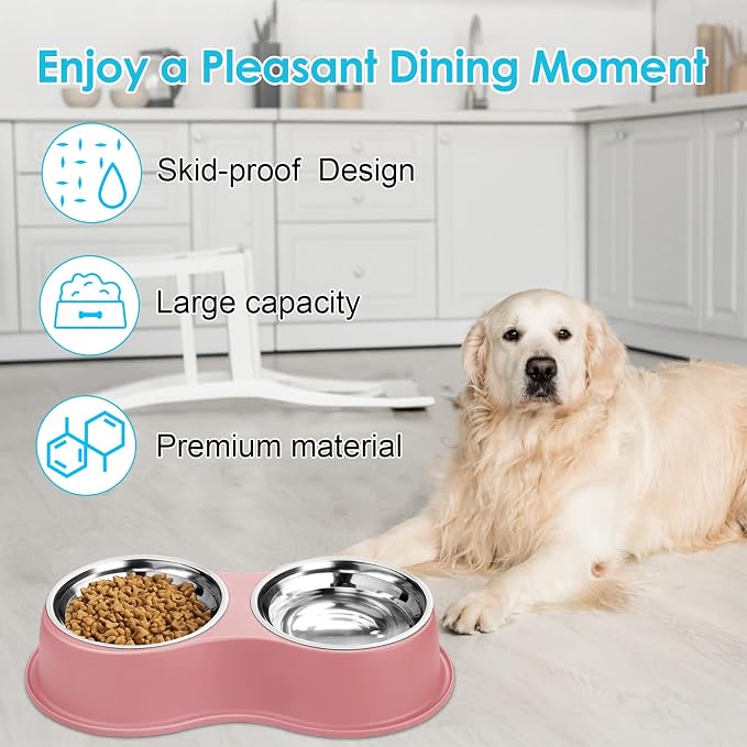 Epetslove Stainless Steel Dog Bowls Double Non-Slip Dog Water and Food Bowl | Pet Feeder Bowls, Dog Dishes, Raised Feeding Design, Double Bowls Set, For Puppies, Medium Dogs and Cats, Outdoor / Indoor