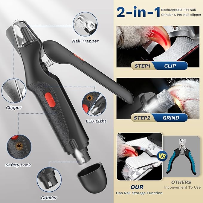 2 in 1 Dog Nail Clippers & Cat Nail Clippers Trimmers for Large Medium Small Dogs Cats Claw Trimmer Quick Sensor and Safety Guard USB Rechargeable Dogs Nail Trimmer with Catcher & 2 LED Lights