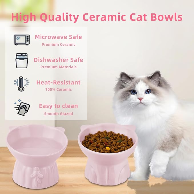 Elevated Cat Bowls 2-Pack, Ceramic Raised Cat Food & Water Dishes - Extra Wide & Shallow Whisker-Friendly Design, Anti-Vomit & Easy Digestion, Lead/Cadmium-Free, Microwave & Dishwasher Safe (Pink)
