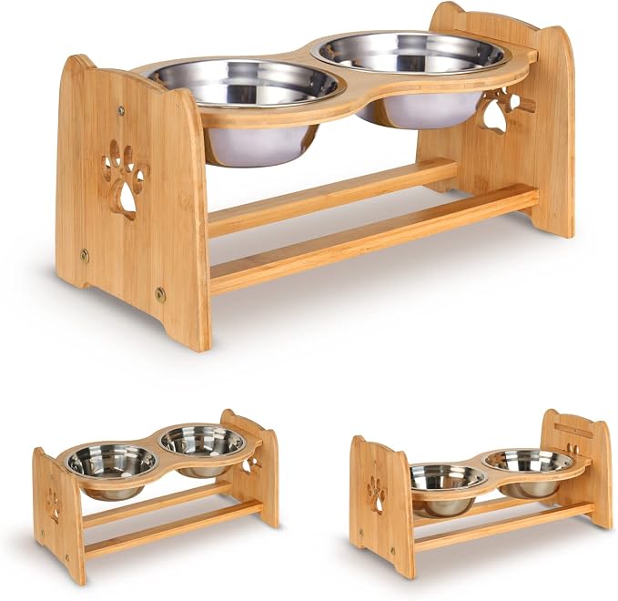 X-ZONE PET Elevated Dog Bowls for Cats and Dogs, Adjustable Bamboo Raised Dog Bowls for Medium Dog, Food and Water Set Stand Feeder with 2 Stainless Steel Bowls and Anti Slip Feet (Height 4.7" to 7")