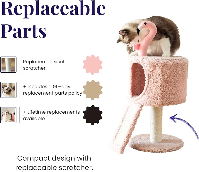 Catry 2-Level Small Cat Tree with Condo, Sisal Scratching Ramp & Post | Cute Pink Flamingo-themed Cat Tree with a Cozy Condo, Replaceable Sisal Scratching Posts, Sisal Ramp, and a Built-in Toy