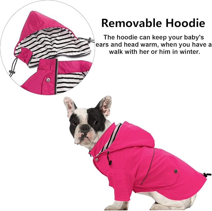 Morezi Dog Zip Up Raincoat with Reflective Buttons, Rain/Water Resistant, Adjustable Drawstring, Removable Hood, Raincoats with Legs 8lbs to 80lbs Available - Pink - L