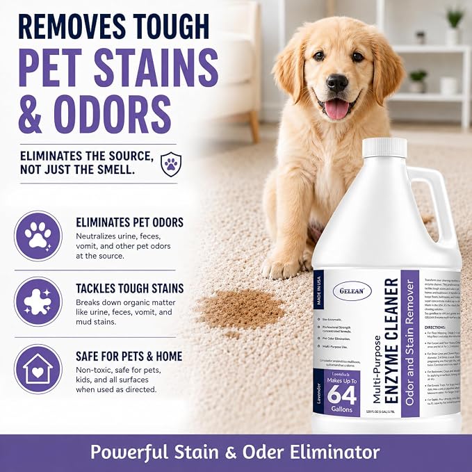 Enzymatic Cleaner Multi-Purpose Enzyme Cleaner for Dog Urine and Poop Carpet | Cat Pee Odor eliminator Pet Urine Enzyme Drain Cleaner | Floors, Carpets, Laundry, Bathrooms, Trash Can Deodorizer, 128oz
