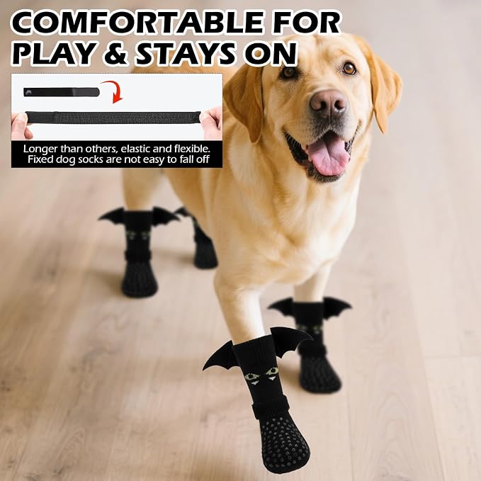 EXPAWLORER Halloween Anti Slip Dog Socks to Prevent Licking Paws, Boots & Paw Protectors with Grippers,Doggie Booties for Hardwood Floors for Small Medium Large Senior Dogs Costume Black Devil Wings L