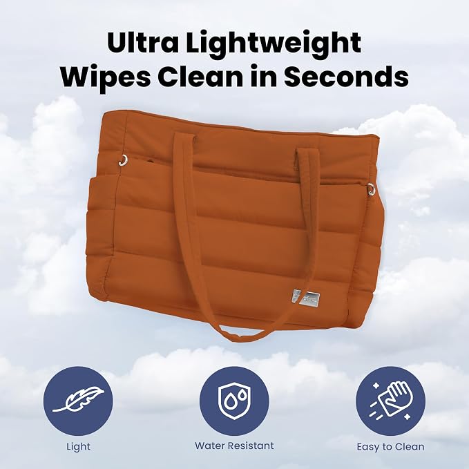 Rubyloo Puffer Dog Travel Bag for Dog Moms, Diaper Bag with Travel Bowls | 2 BPA-Free Collapsible Bowls, 2 Pet Food Containers, 9 Pockets, Everyday Puffer Bag Works With or Without Your Dog, Rust