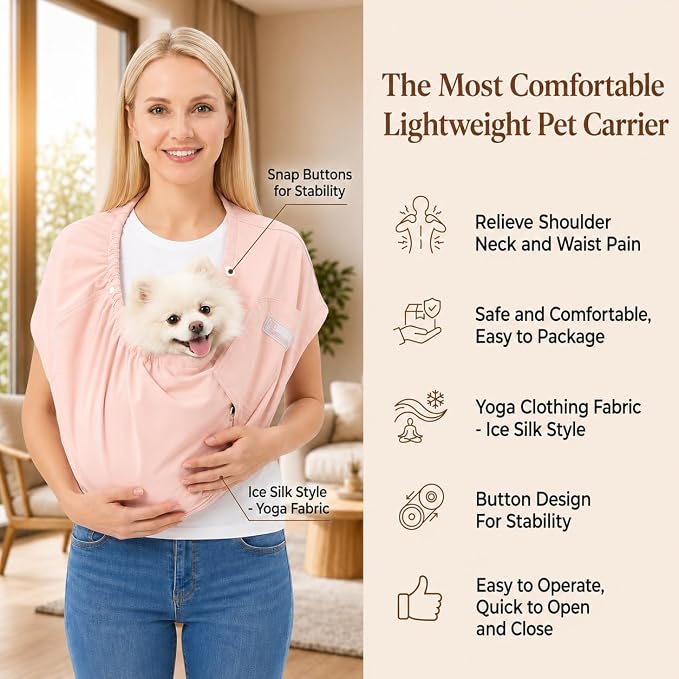 Ice Silk Dog Sling Carrier, Adjustable Safety Strap | Breathable & lightweight, fits pets up to 10 lbs,Secure buckle closure, hands-free design,Great for daily walks & travel,Pink