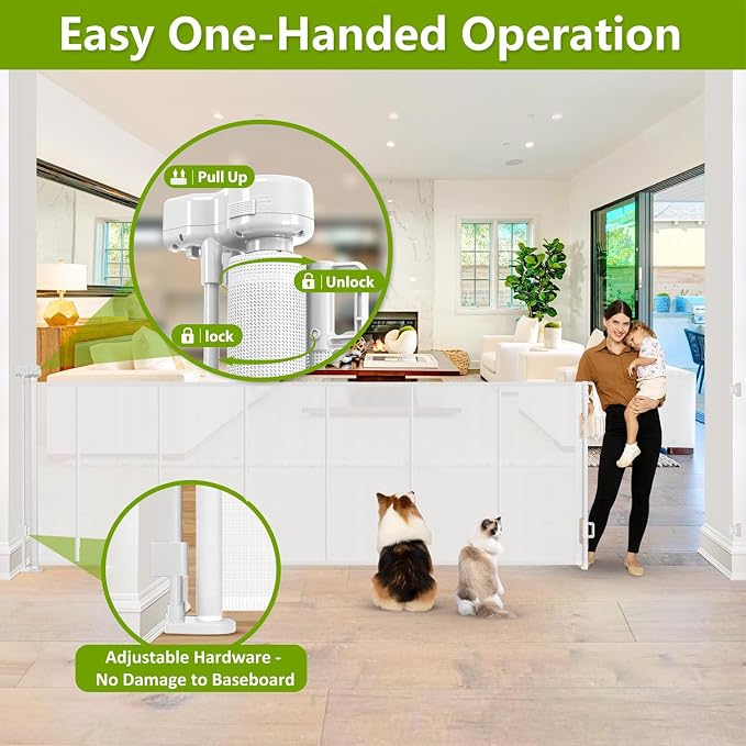 Reinforced 42" Tall Dog Gate 195" Extra Wide Retractable Baby Gate, White | Indoor Tall Pet Gate, Outdoor Retractable Gate, Space-Saving, Easy to Use, Safety Lock, Scratch-Resistant Mesh, Easy Install
