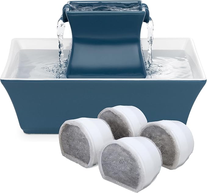 PetSafe Drinkwell Pagoda Ceramic Fountain, 70 oz, 4-Pack Carbon Filters | 2 Falling Water Streams Encourage Hydration, Cat & Small Dog Water Fountain, 4-Pack Carbon Filters