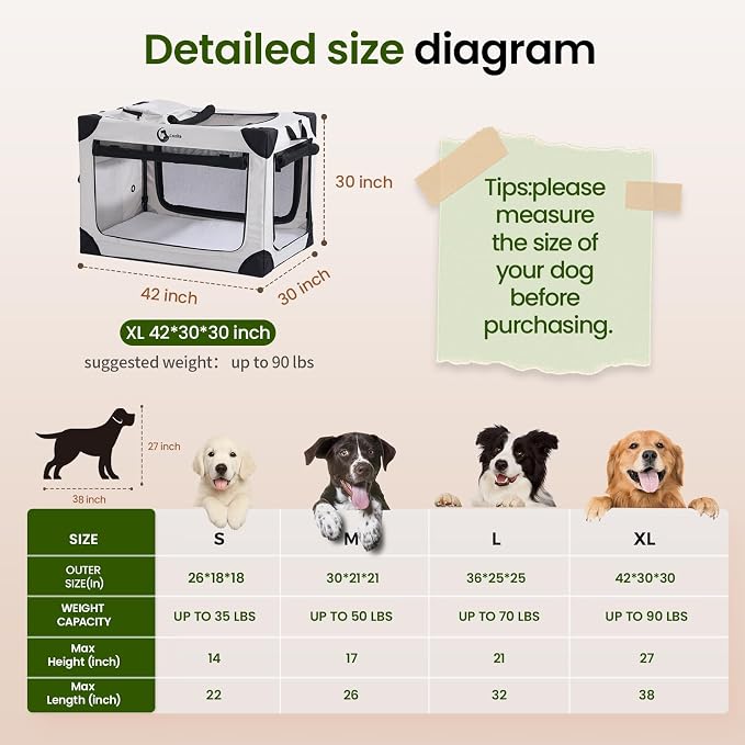 Portable Collapsible Soft Dog Crate for Extra Large Dogs,42in Grey | Oxford Cloth Travel Camping dog kennel with 4 Mesh Windows & 2 Storage Pockets,for Indoor & Outdoor Use