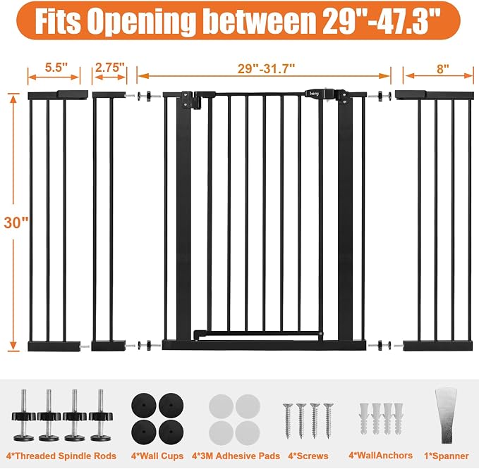 keny 29"-47.3" Extra Wide Baby Gate for Stairs, Auto Close Safety Dog Gate | Pressure Mounted No Drilling Pet Gate for Doorways, Easy Walk Through Stair Gate for Kids Todder, 30" Tall, Black