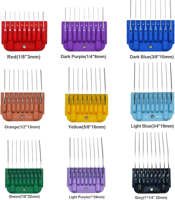 Professional Animal Stainless Steel Attachment 9 Color Guide Comb Set,Compatible with Andis, Oster A5, Wahl KM Series Clipper Detachable Blade Pet, Dog, Cat, and Horse Clippers